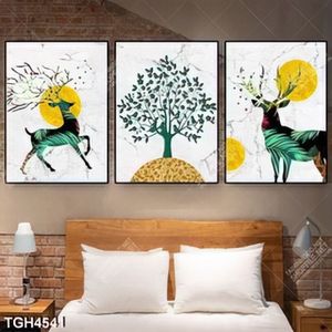 Tranh ghép 3 tấm cây và hươu in kính đẹp