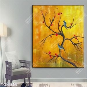 Tranh sơn dầu chim và cây đào