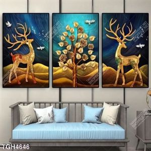 Tranh ghép 3 tấm nai và cây hoa gold