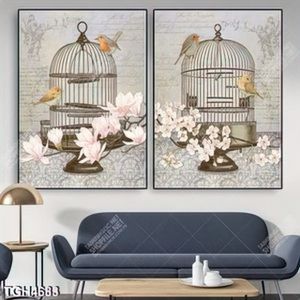 Tranh ghép 2 tấm hoa mộc lan và lồng chim