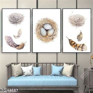 Tranh ghép 3 tấm tổ chim và lông vũ
