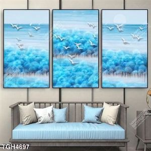 Tranh ghép 3 tấm sơn dầu đàn chim và rừng cây