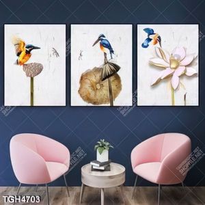 Tranh ghép 3 tấm hoa Sen và chim chuồn chuồn