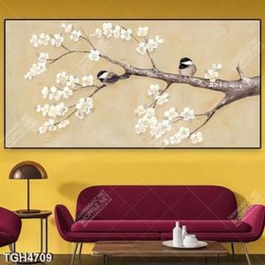 Tranh chim sẻ đậu trên cành hoa trắng