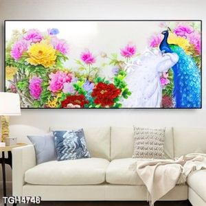 Tranh ghép đôi công trắng trong vườn hoa mẫu đơn