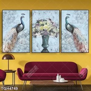 Tranh ghép 3 tấm chim công và bình hoa