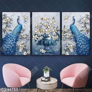 Tranh ghép 3 tấm chim công và bình hoa mẫu đơn in canvas