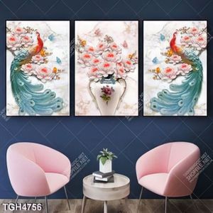 Tranh ghép 3 tấm bình hoa và chim công