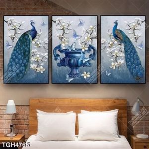 Tranh ghép 3 tấm chim công và hoa mộc lan