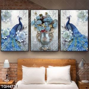 Tranh ghép 3 tấm đôi công và bình hoa