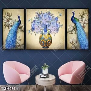 Tranh ghép 3 tấm bình hoa và chim công nghệ thuật