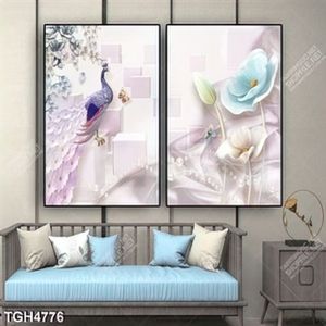 Tranh ghép 2 tấm chim công và hoa