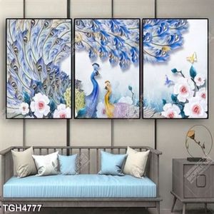 Tranh ghép 3 tấm công và hoa hồng