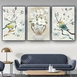 Tranh ghép 3 tấm bình hoa và chim