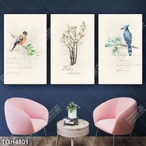 Tranh ghép 3 tấm sơn dầu chim và cây hoa