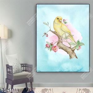 Tranh màu nước chim trên cây đào