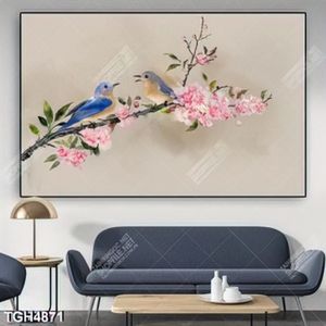 Tranh sơn dầu cây hoa đào và đôi chim
