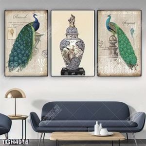 Tranh ghép 3 tấm bình cổ và chim công đối xứng