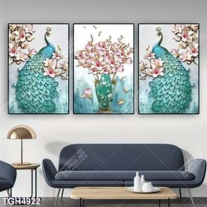 Tranh ghép 3 tấm điêu khắc chim công và bình hoa