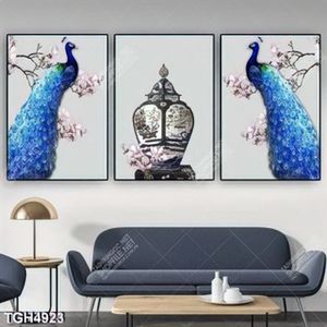 Tranh ghép 3 tấm đôi công và hoa mộc lan