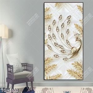 Tranh ghép lụa chim công gold