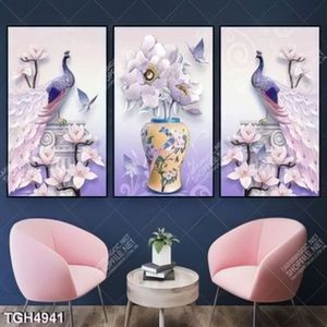 Tranh ghép 3 tấm bình hoa và đôi công