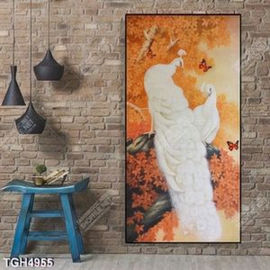 Tranh ghép sơn dầu đôi chim công trắng trong rừng