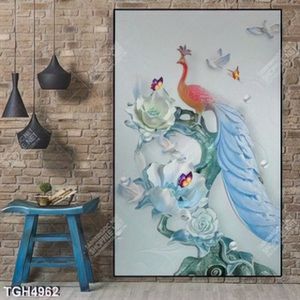 Tranh ghép khổ dọc chim công trên cành hoa