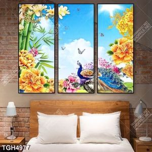Tranh ghép 3 tấm chim công va hoa
