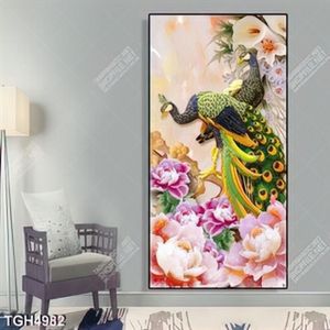 Tranh khổ dọc đôi công và hoa mẫu đơn giả ngọc