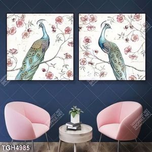 Tranh ghép 3 tấm chim công và nền hoa hồng