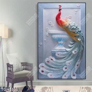 Tranh khổ dọc điêu khắc chim công nền hoa mai
