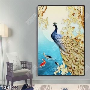 Tranh cá chép, hoa mộc lan và chim công