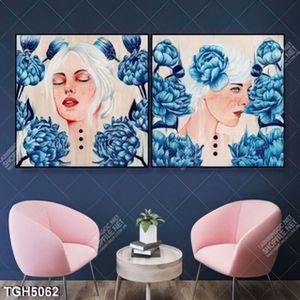 Tranh ghép 2 tấm sơn dầu hoa và thiếu nữ