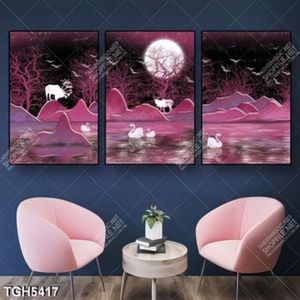 Tranh ghép 3 tấm hươu và núi