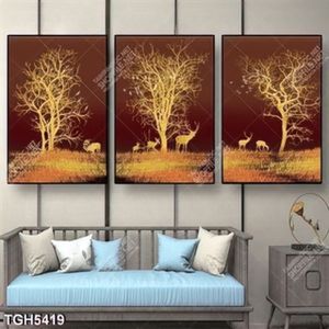 Tranh ghép 3 tấm cây và hươu vàng