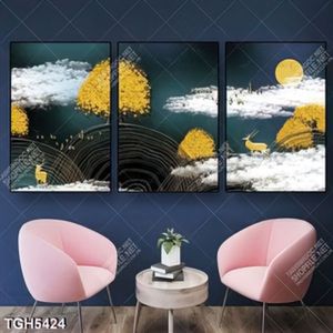 Tranh ghép 3 tấm cây vàng và hươu