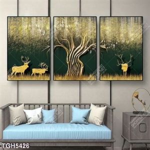 Tranh ghép 3 tấm cây và hươu gold