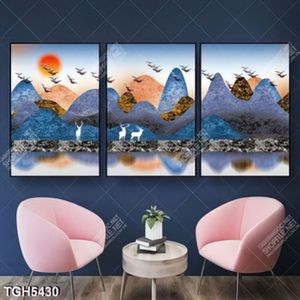 Tranh ghép 3 tấm núi và mặt trời