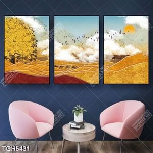 Tranh ghép 3 tấm cây và núi vàng
