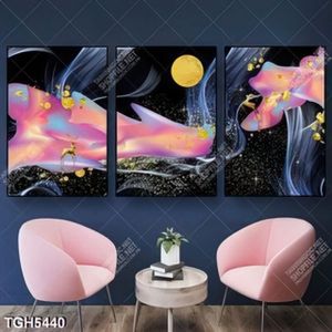 Tranh ghép 3 tấm hươu và trăng in kính đẹp