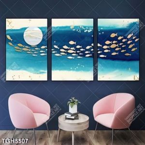 Tranh ghép 3 tấm đàn cá và trăng