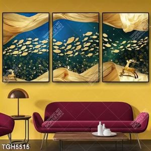 Tranh ghép 3 tấm đàn cá và lụa gold