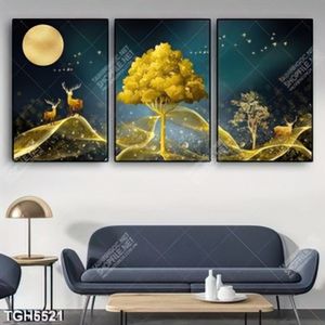 Tranh ghép 3 tấm in kính cây vàng và hươu