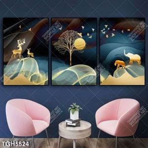 Tranh ghép 3 tấm voi và hươu gold