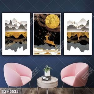 Tranh ghép 3 tấm hươu và cảnh núi