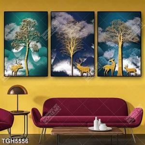 Tranh ghép 3 tấm cây và hươu gold