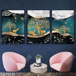 Tranh ghép 3 tấm hươu và cây gold
