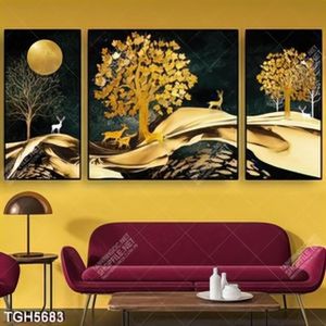 Tranh ghép 3 tấm hươu và cây gold