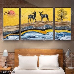 Tranh ghép 3 tấm hươu và núi nghệ thuật